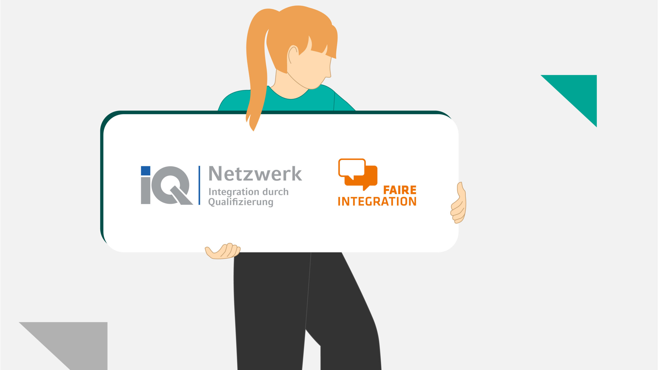 Illustration - Projekte Faire Integration - Person hält Schild hoch mit dem Logo von IQ Netzwerk und Faire Integration