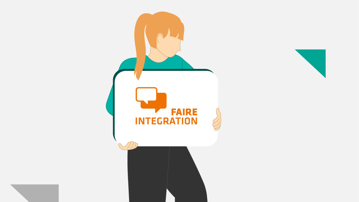 Illustration - Titelbild Person hält Schild hoch mit dem Logo von Faire Integration
